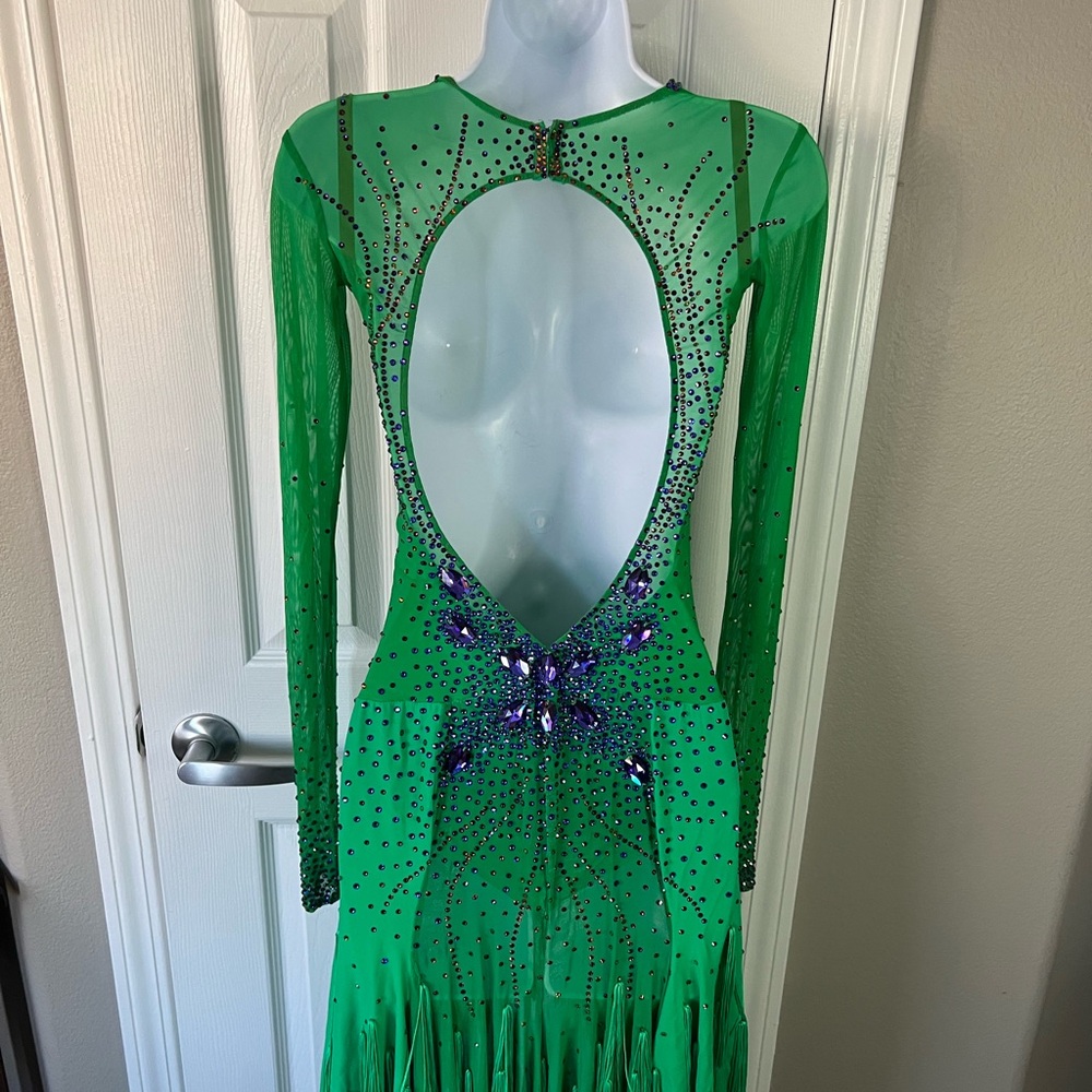 Designer Latin Dancesport Dress Long Sleeve Swarovski Stone Green & Purple Color - Picture 4 of 8